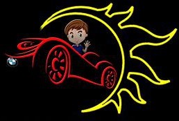 A cartoon boy waves from a red car in front of a yellow sun. A small blue and white circle sits on the nose of the car.